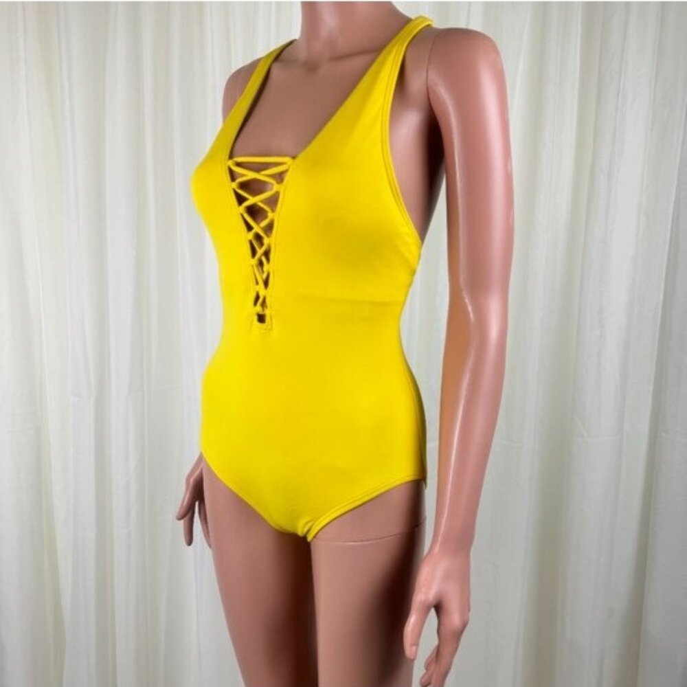 MICHAEL Michael Kors Lace Up Cross Back One Piece Bathing Swimsuit Size 6 Yellow